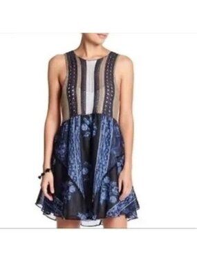 Free People Katie's Crochet Blue Stripe Floral Mini Slip Dress